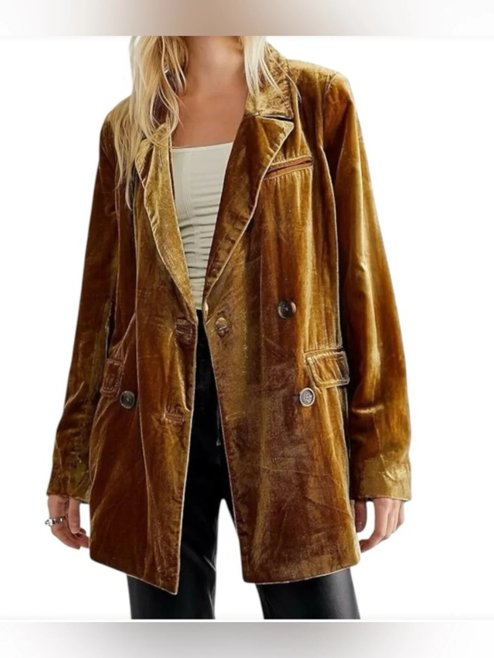 Free People Sharpie Double Breasted Velvet Blazer Gold Size S
